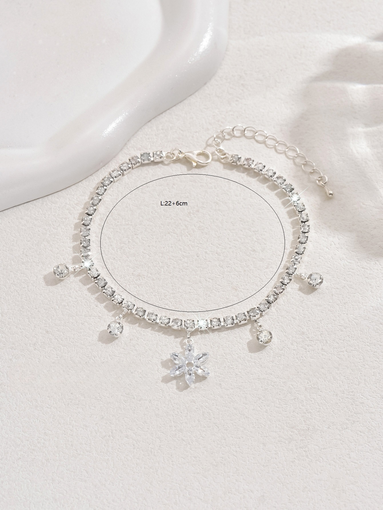 Crystal Tennis Anklet with Flower Charm and Rhinestone Drops
